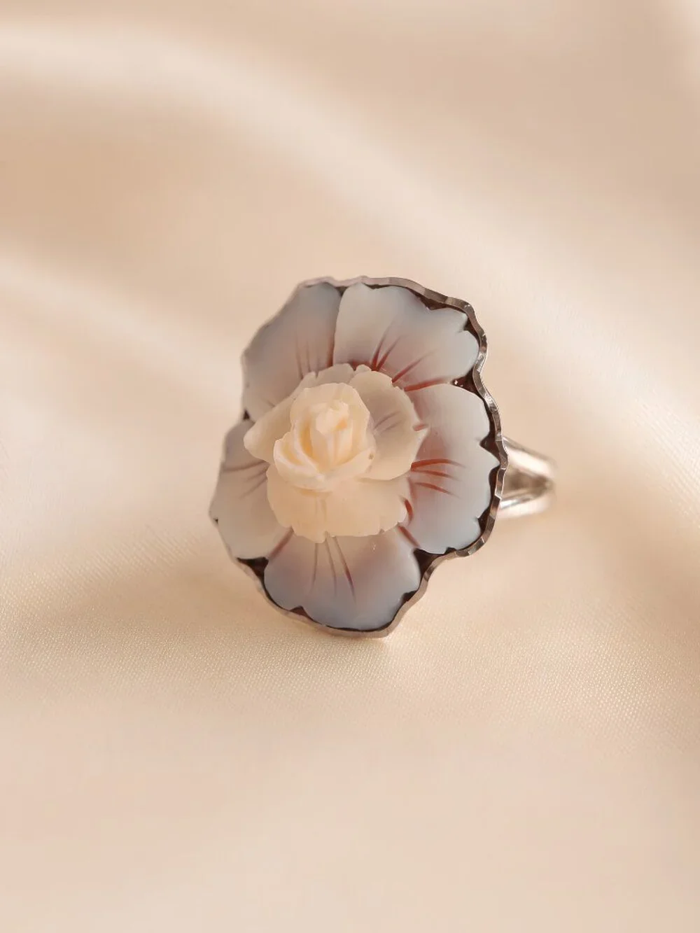 Shell Cameo Flower Ring in Sterling Silver